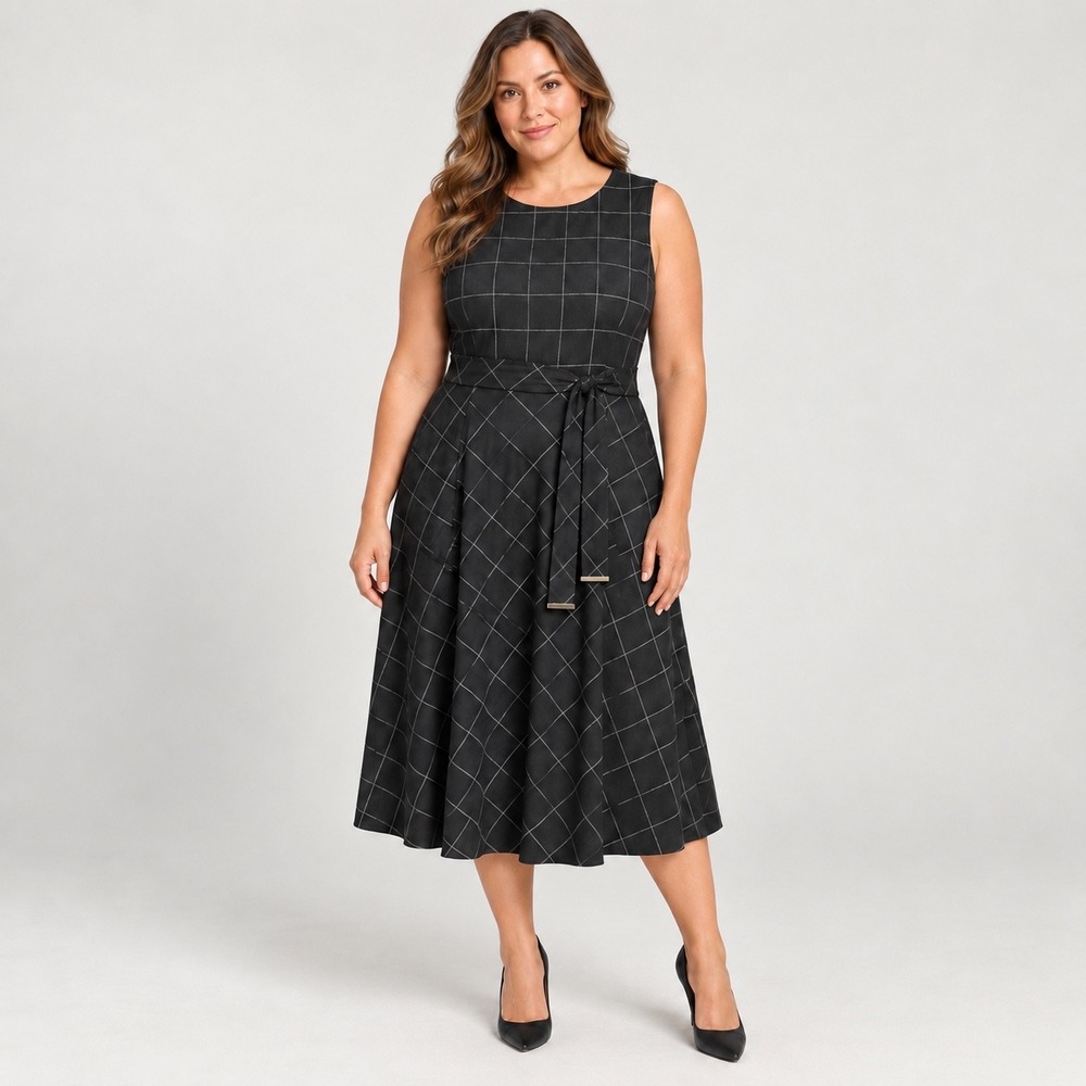 Calvin Klein Grid Midi Dress Womens 16 Black White Windowpane Belted Office